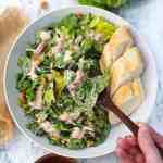 vegan chicken salad in plate with bread a wooden spoon held by hand