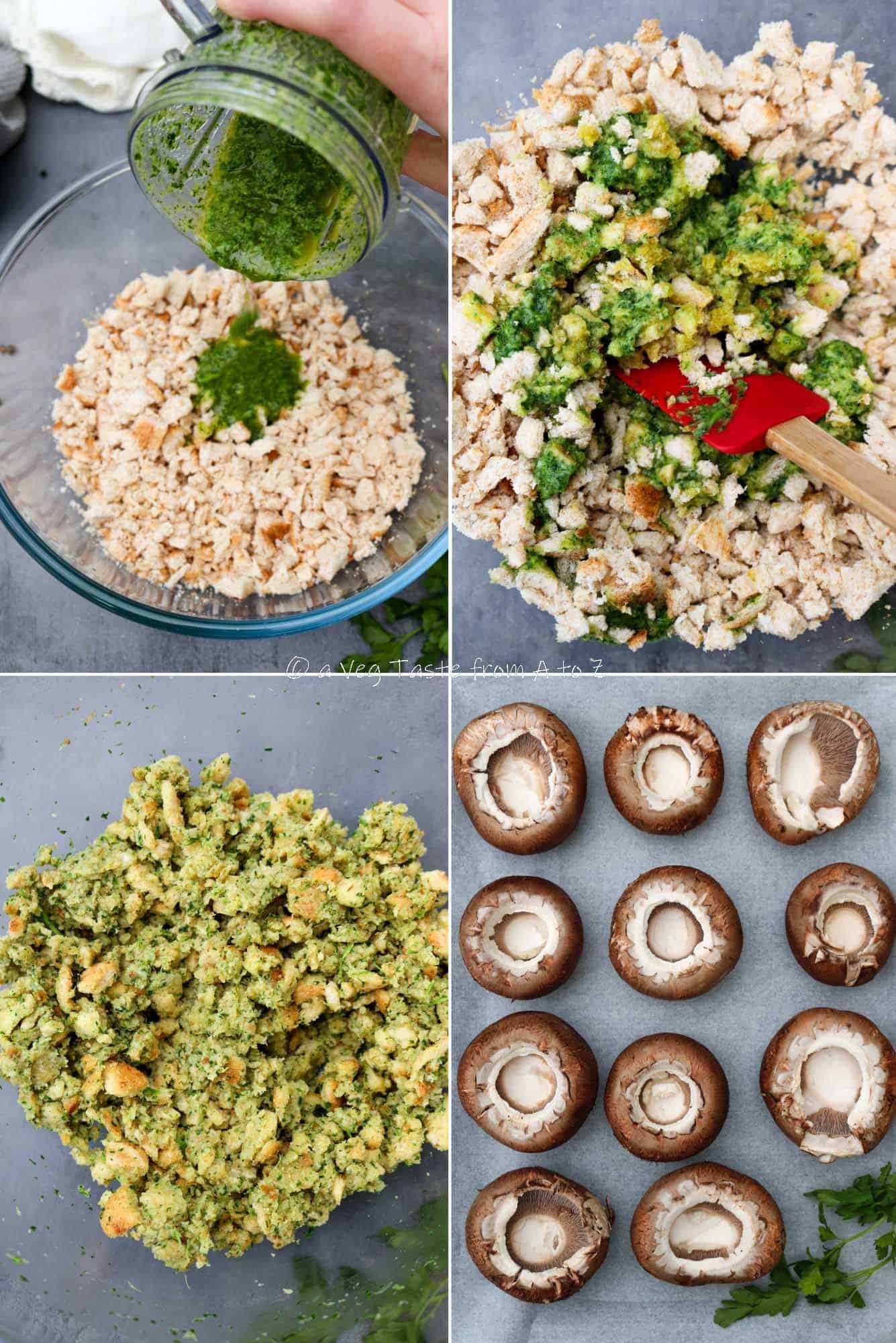 steps showing how to make filling for garlic mushrooms