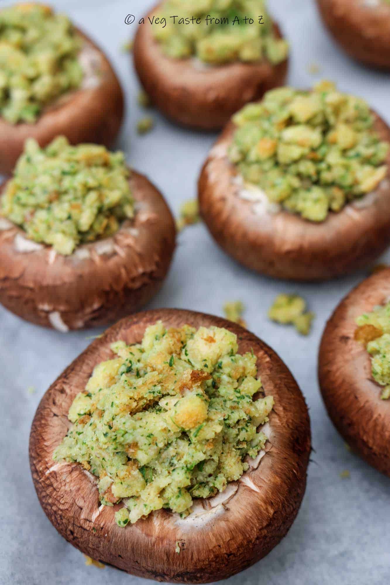 vegan garlic bread mushrooms on tray pre bake