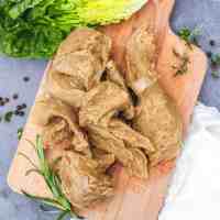seitan chicken shreds on chopping board