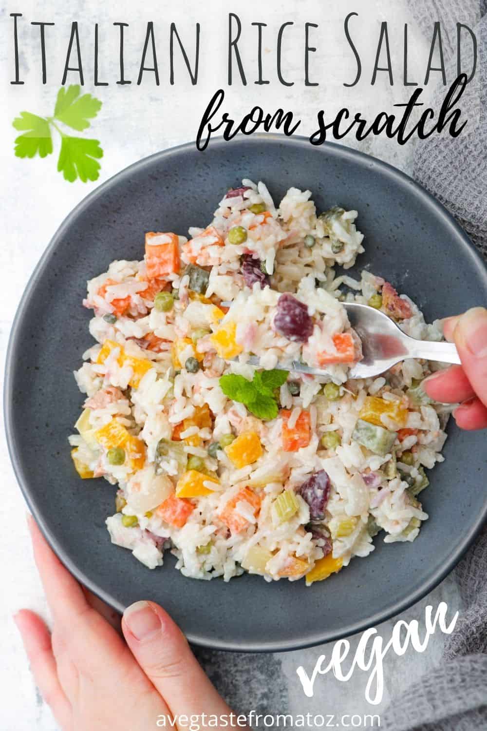 Perfect for the beach and gatherings, rice salad is THE Italian summer dish. This is my vegan rice salad, made completely from scratch! #ricesalad #italian #summerfood #pickles #homemade 