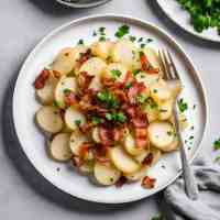 vegan potato dauphinoise with crispy bacon on a white dish garnished with fresh parsley
