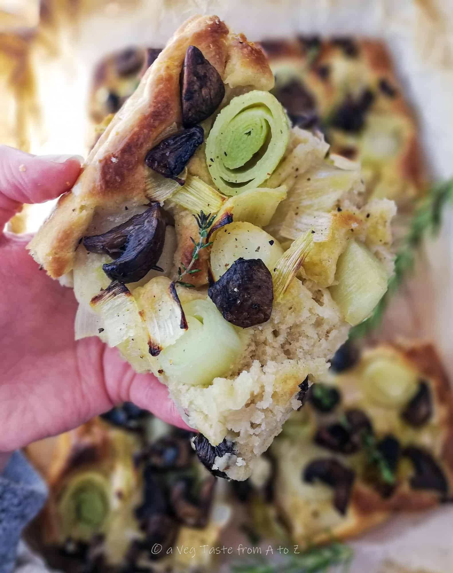 Leek and Mushroom Fluffy Brioche Focaccia slice focused 