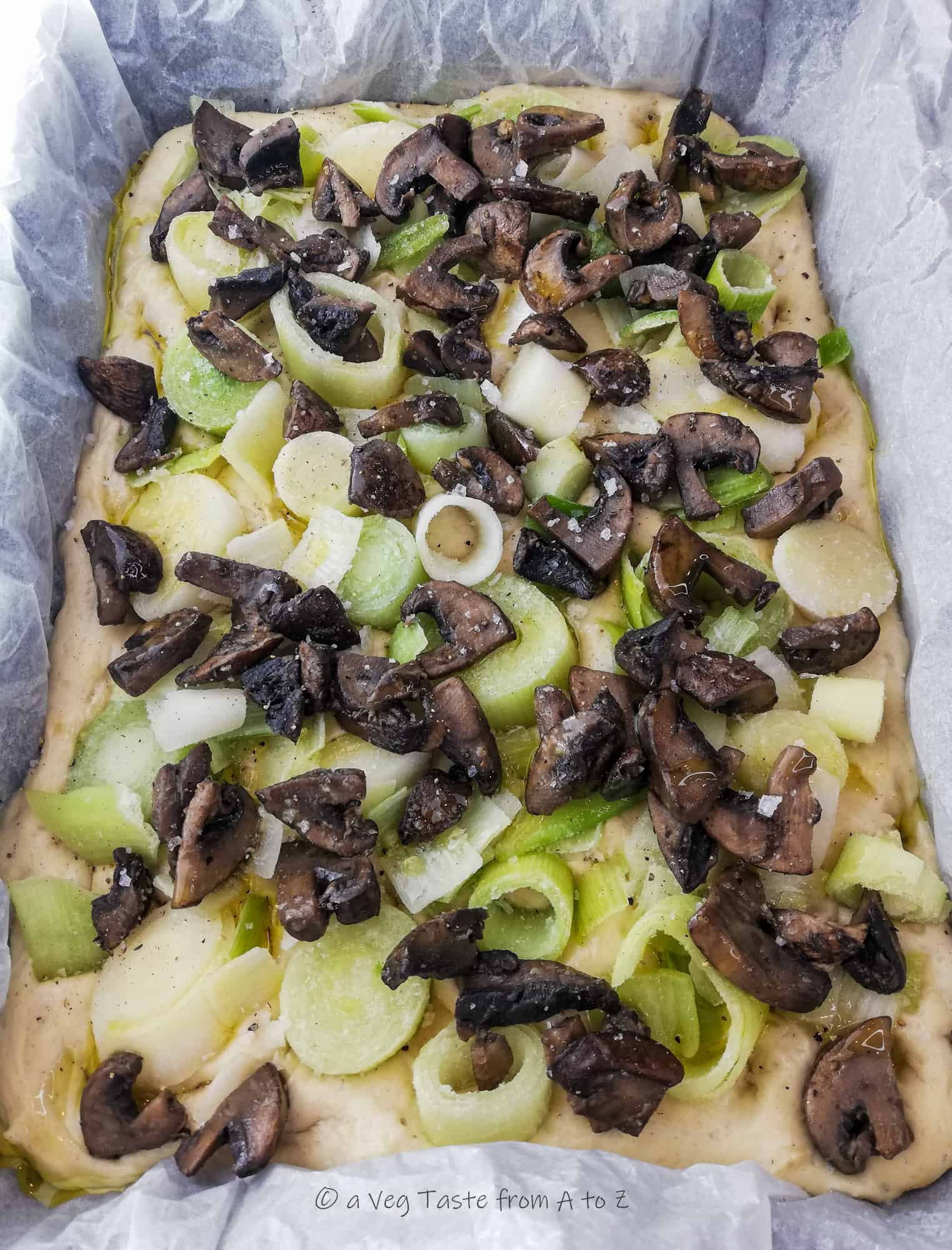Leek and Mushroom Fluffy Brioche Focaccia before baking