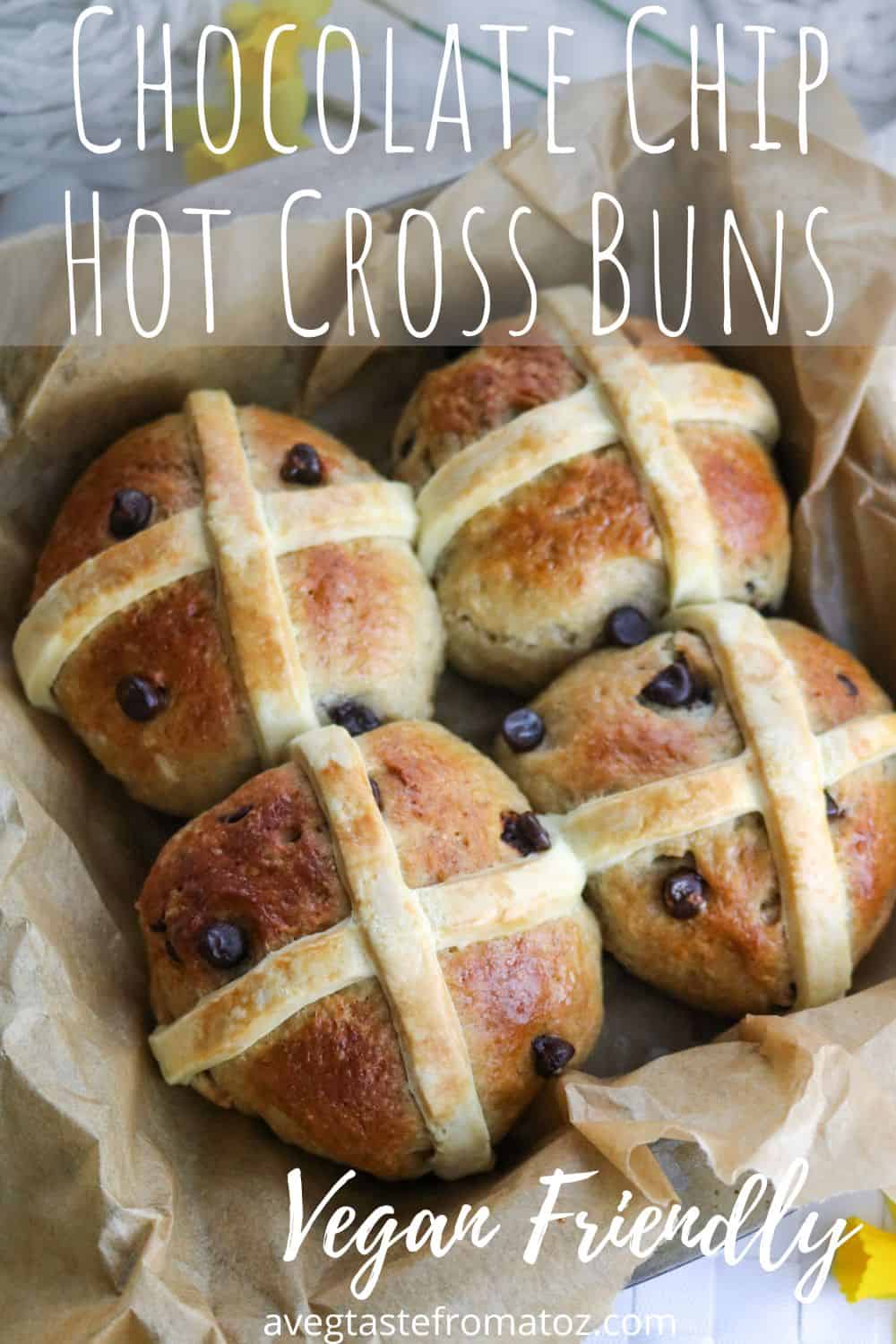 These Vegan Chocolate Chip Hot Cross Buns are a delightful twist on a classic Easter treat, that is sure to impress your friends and family!&nbsp; #vegan #easter #dessert #chocolate #plantbased #tradition