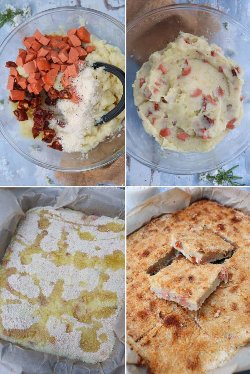 pictured steps on how to make vegan potato gateau