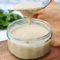homemade tahini spoonful to show consistency