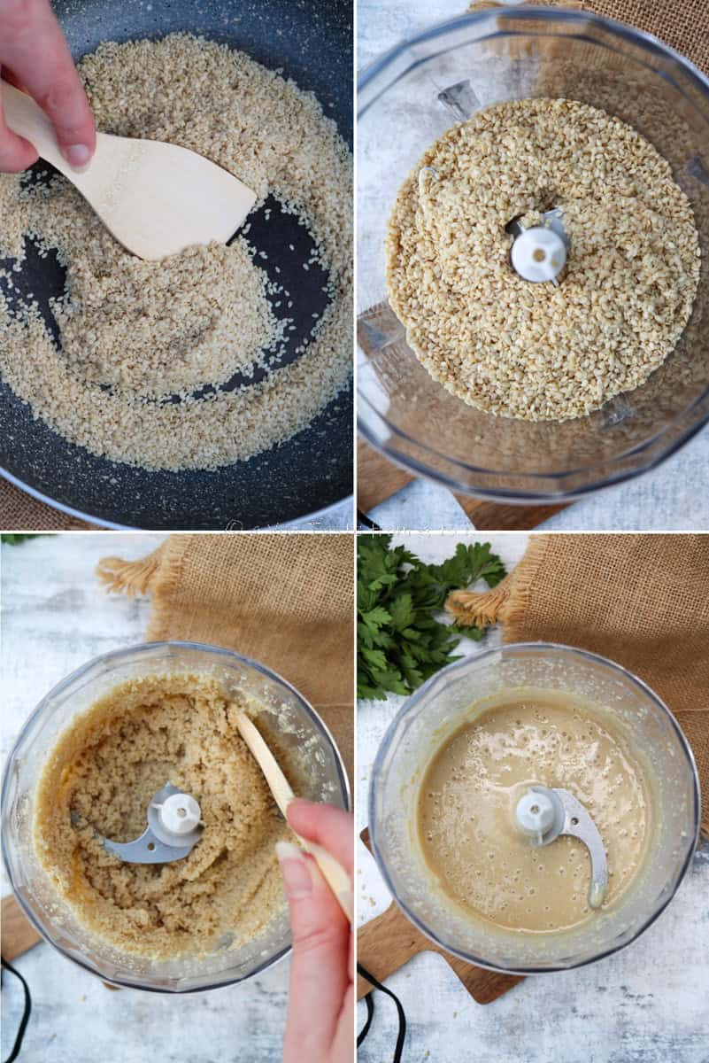 step by step collage pictures on how to make tahini from scratch