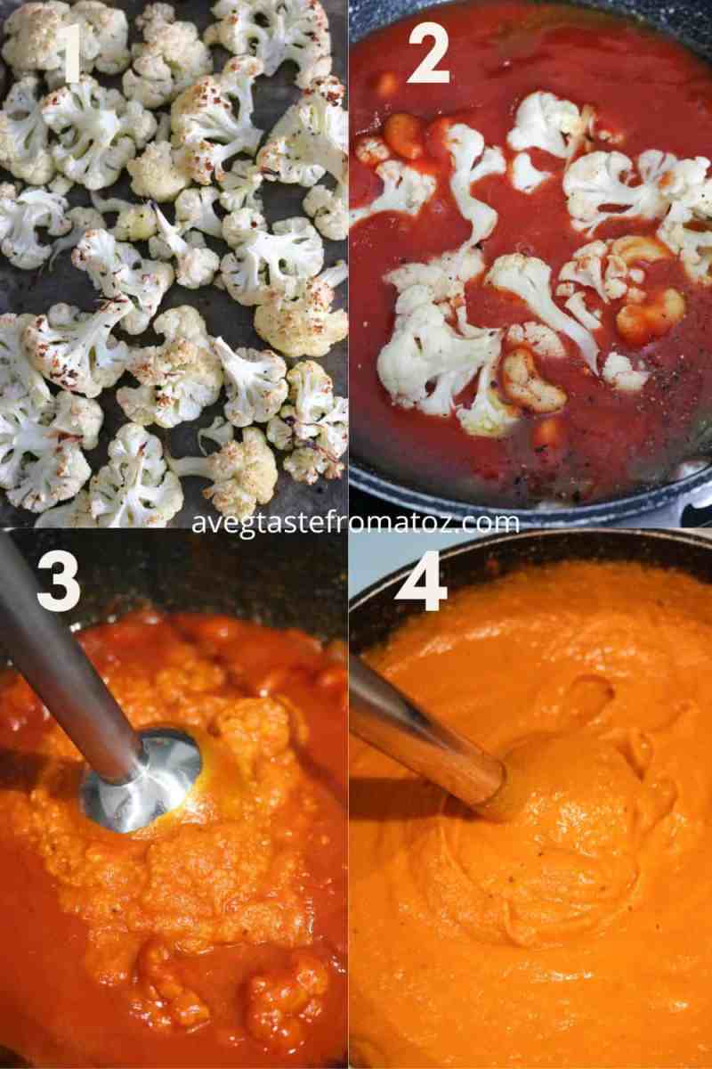 four picture collage showcasing the main steps to make cauliflower and tomato soup