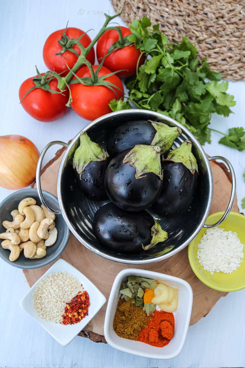 spread of ingredients for Bagara Baingan