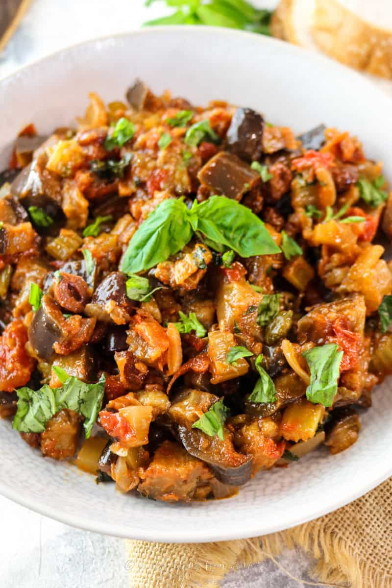 close up to vibrant oven baked caponata