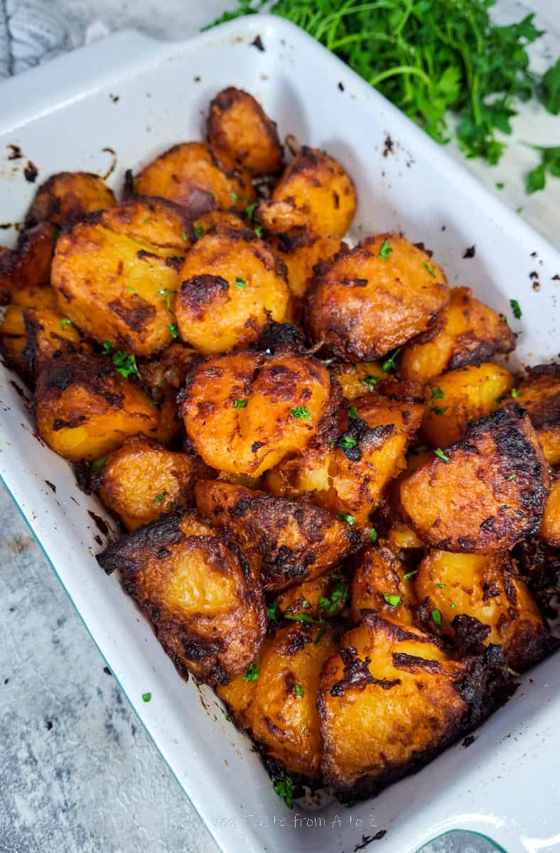 patatas bravas in baking tray ready for serving