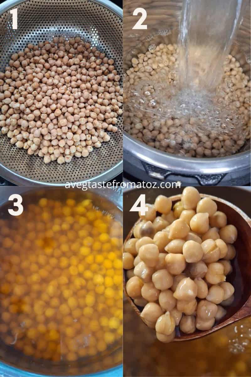 4 pic steps showing how to make aquafaba in instant pot, from rinsing chickpeas to final result
